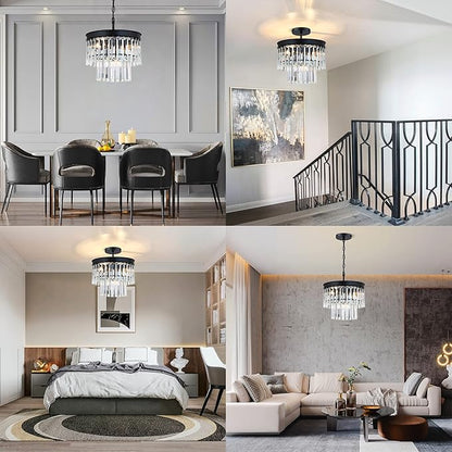 MEXO Crystal Chandelier Lighting Fixture Black Finish, 2-Tier Crystal Hanging Chandelier Lights for Living Room Bedroom Dinning Room Hallway