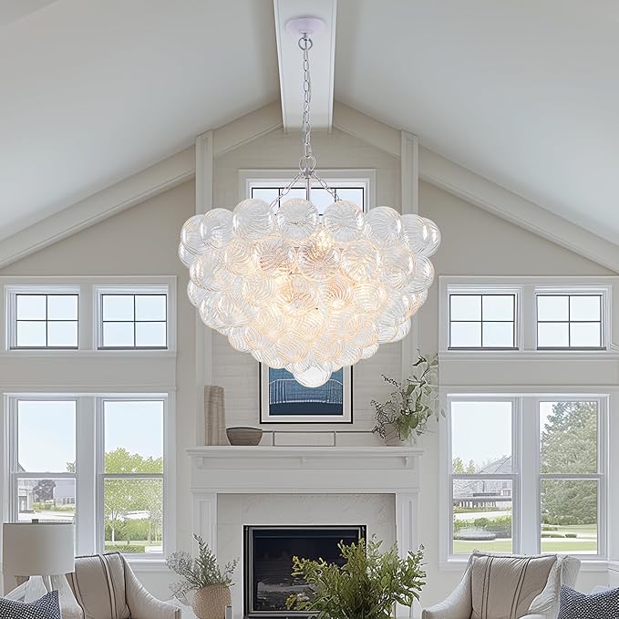 Hand Blown Glass Bubble Ball Chandelier White Finish 32" Pendant Light Fixture Art Deco Cluster Ribbed Glass Swirled Globe Lighting for Bedroom Dining Room Restaurant Bathroom Entry
