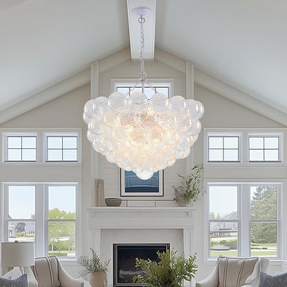 Hand Blown Glass Bubble Ball Chandelier White Finish 32" Pendant Light Fixture Art Deco Cluster Ribbed Glass Swirled Globe Lighting for Bedroom Dining Room Restaurant Bathroom Entry