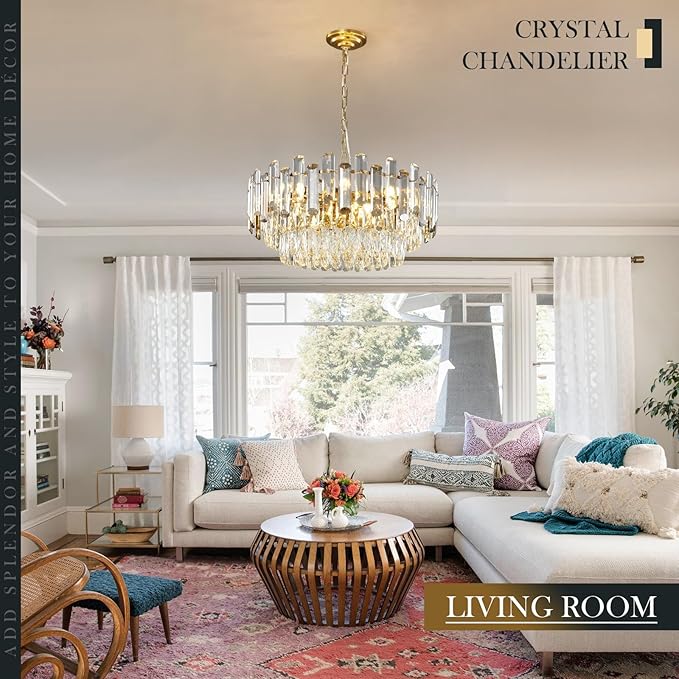 Gold Crystal Chandelier 23.6" Modern Crystal Pendant Light 3-Tier12-Light Ceiling Pendant Light Fixture for Dinning Room Living Room Foyer