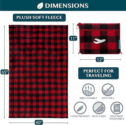 PAVILIA Travel Blanket Pillow, Airplane Blanket Set in Soft Bag with Pockets, Plane Blanket Compact Packable, Flight Essentials Car Pillow, Travelers Accessories Gifts, Luggage Strap, Plaid Red