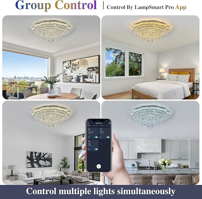 Silver LED Crystal Ceiling Light for Living Room, 40" Modern Large Flush Mount Chandelier with K9 Crystal Raindrop,Elegant Lighting Fixture with Remote Control for Hallway Dinning Room