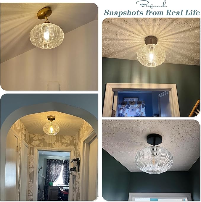 Bagood Black Semi Flush Mount Ceiling Lights Fixture Farmhouse Globe Glass Mid Century Light Fixtures Textured Glass Hallway Lights Fixtures Vintage Ceiling Light for Bathroom Entryway(Bulb Incl.)