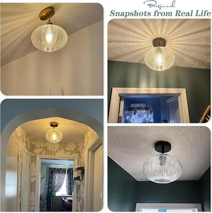 Bagood Black Semi Flush Mount Ceiling Lights Fixture Farmhouse Globe Glass Mid Century Light Fixtures Textured Glass Hallway Lights Fixtures Vintage Ceiling Light for Bathroom Entryway(Bulb Incl.)