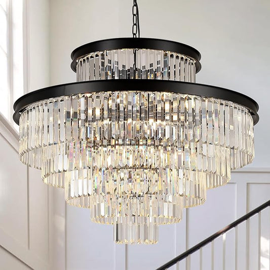 35" Large Black Crystals Chandelier 6-Tier Modern Crystal Chandeliers for High Ceiling Foyer K9 Crystal Chandelier with Adjustable Chain for Staircase Living Room Entryway Kitchen Master Bedroom