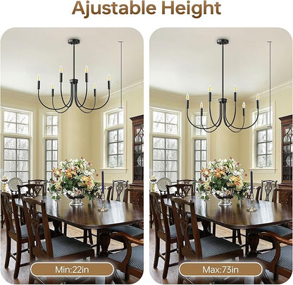 ropelux Dining Room Chandelier, 6-Light Black Farmhouse Light Fixtures Over Table, Hanging Height Adjustable Kitchen Island Lighting with E12 Base (Bulb not Included) for Foyer Bedroom Entryway