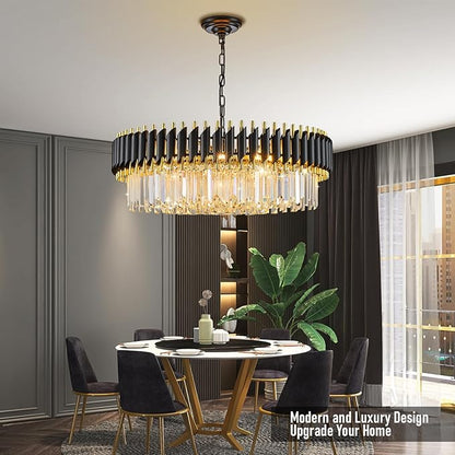 Black and Gold Crystal Chandelier 30'' K9 Crystal Luxury Round Pendant Lights Adjustable 6-Tier 12-Lights Large Modern Crystal Chandelier Light for Dining Room Living Room Foyer Entryway