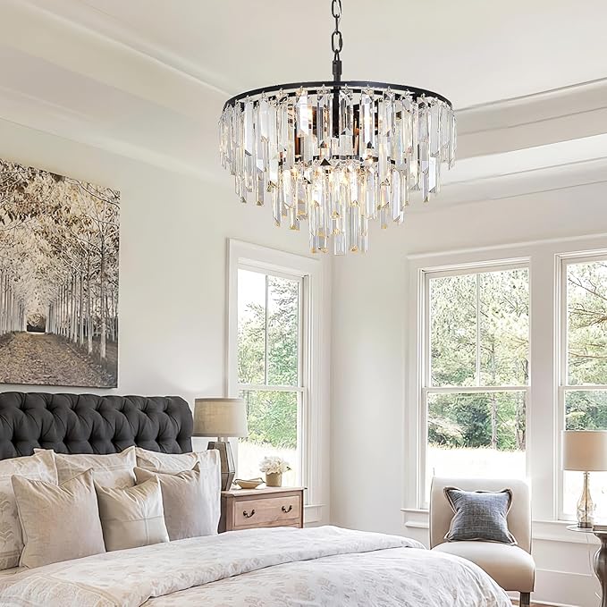 Modern Black Crystal Chandelier, 18" Round Chandeliers for Dining Room 4-Tier 6 Lights Luxury Top K9 Crystal Ceiling Pendant Light Fixture for Foyer Bedroom Closet