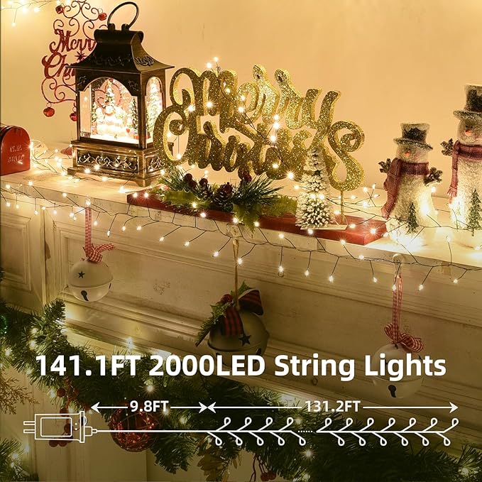 Fairy Lights Plug in 130Ft 2000LED Warm Christmas Wreath Twinkle Lights with Timer Remote Waterproof Firecracker Firefly Cluster String Light for Bedroom Graland Party Tree Decor Black Wire