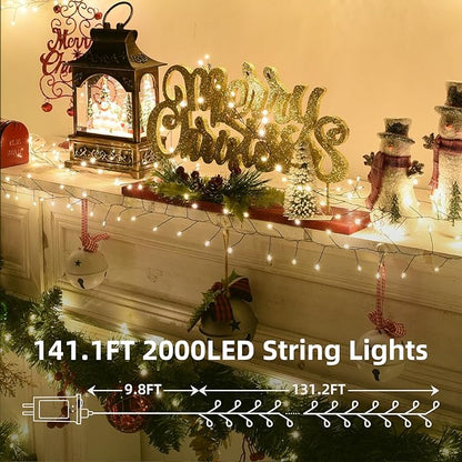 Fairy Lights Plug in 130Ft 2000LED Warm Christmas Wreath Twinkle Lights with Timer Remote Waterproof Firecracker Firefly Cluster String Light for Bedroom Graland Party Tree Decor Black Wire