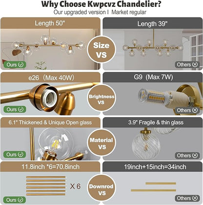 50" Gold Modern Sputnik Chandeliers, Open Clear Glass Globe Linear Chandeliers for Dining Room, 8-Light Luxury Dining Room Light Linear Kitchen Island Lights Large Long Chandelier, Electroplated Brass