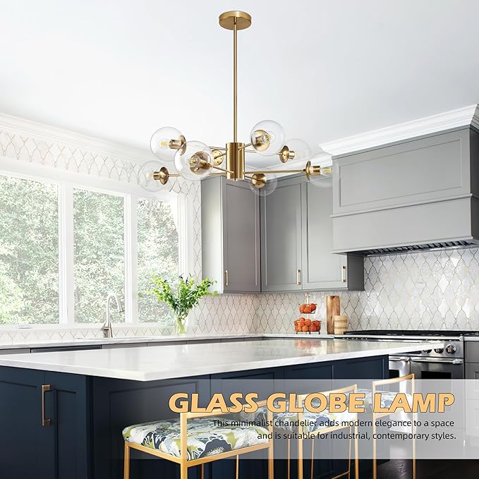 Bagood 8-Light Globe Sputnik Chandelier Modern Gold Sputnik Chandelier Mid Century Globe Pendant Light Brushed Brass Finished with Clear Glass Lampshade Chandeliers for Kitchen Bedroom
