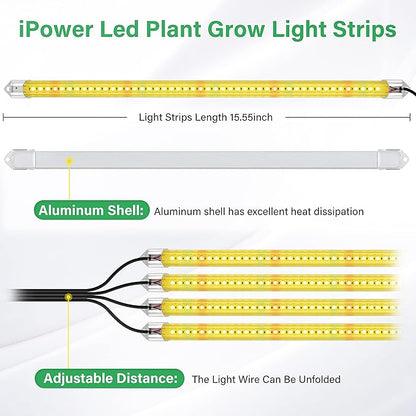 iPower 60W LED Plant Grow Light Strips Full Spectrum for Indoor Plants with Auto ON/Off 3/9/12H Timer, 10 Dimmable Levels 48 LEDs Per Tude, 4 Tubes, Yellow