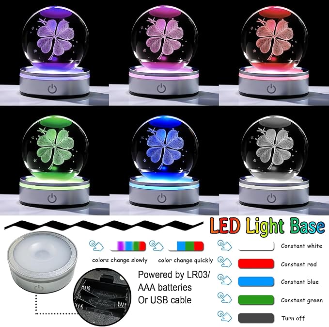 Crystal 3D Four-Leaf Clover 3.15in Ball Figurine Good Luck Gifts for Women on Birthday, Collectible Glass Plants Art for Room with LED Light Base, Lucky Keepsakes for Him Home Decor Paperweight
