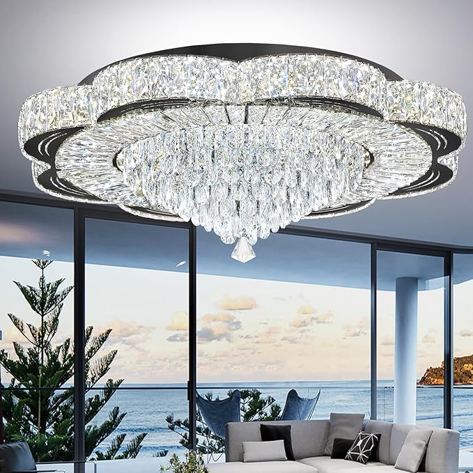 Modern Crystal Chandelier for Living Room Black 32in Crystal Raindrop Ceiling Light for Room Bedroom LED Dimmable 2700-6000K