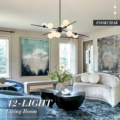 Large Black Sputnik Chandelier 39in 12-Light Frosted Glass Chandelier Light Fixture Mid-Century Modern Molecular Chandeliers for Living Room Dining Room Foyer Kitchen Bedroom