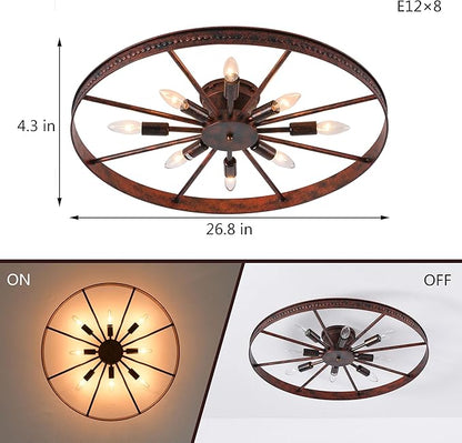 Farmhouse Ceiling Light Red Rust Metal Dining Room Flush Mount Light Fixtures, 26.8" Rustic Living Room Lighting Fixtures Ceiling, E12 Ceilings Lamp for Kitchen (8-Light)