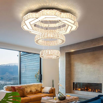 22.5" Crystal Chandeliers Modern Living Room Chandelier LED Crystal Ceiling Light 2 Rings Pendant Light Flush Mount Chandelier for Bedroom Dining Room Entryway Warm