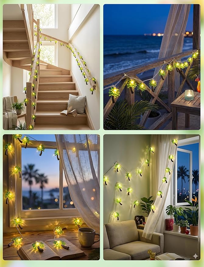 Palm Tree String Lights Outdoor, Summer Beach Themed Decoratives String Lights with 10 Palm Tree Patio Light, Plug in Indoor Fairy Lights for Outdoor Indoor Beach Tropical Party Bedroom Birthday Decor