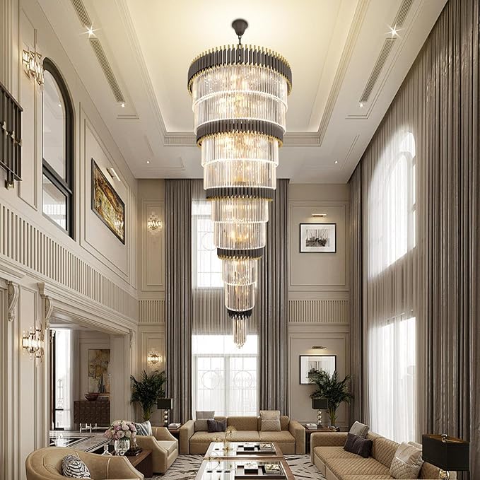Extra Large Staircase Chandeliers 9-Tier Black and Gold Chandelier Luxury Long Crystal Chandelier Lighting for High Ceiling Foyer Entryway Grand Hotel Lobby 31-Light H84 x W40
