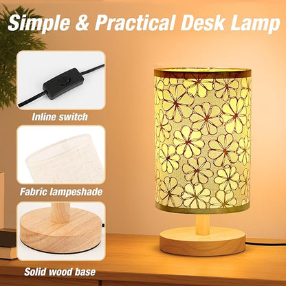 Desk Lamp LED Bulb Included, Small Bedside Table Lamp Plug-in - Classic Wood Base with Flaxen Fabric Shade, Lamps for Night Stands, Simple Nightstand Light for Bedroom, Office, Desk