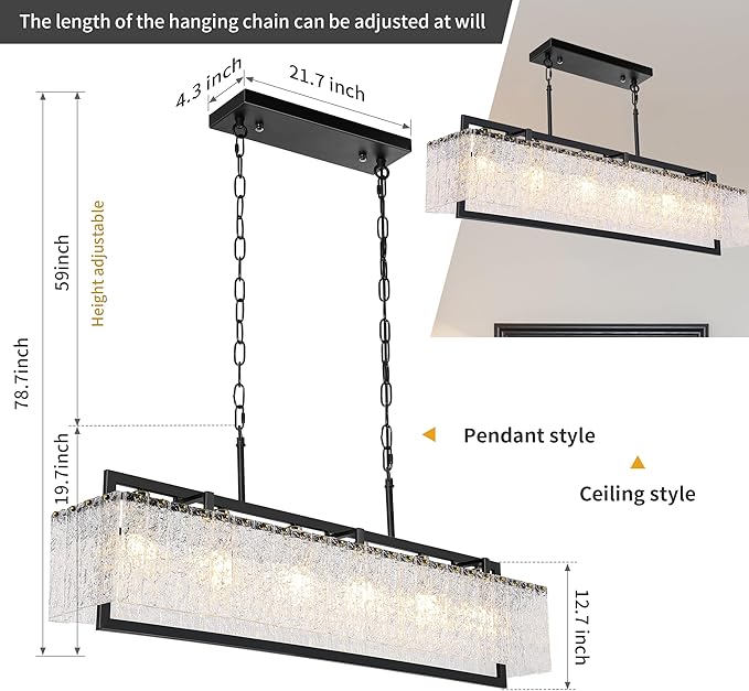 Modern Black Crystal Chandelier for Dining Room, 50" Hanging Light Fixture,Water Ripple Glass Design, Adjustable Height, Rectangle Chandelier for Living Room Kitchen Island