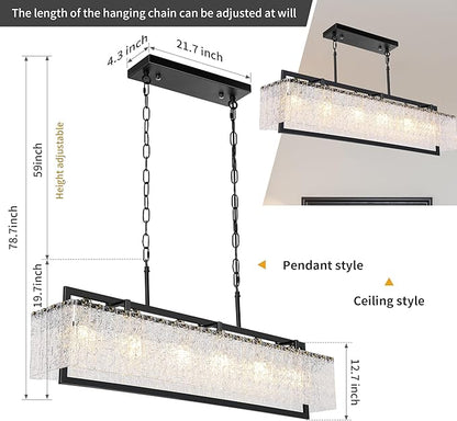 Modern Black Crystal Chandelier for Dining Room, 50" Hanging Light Fixture,Water Ripple Glass Design, Adjustable Height, Rectangle Chandelier for Living Room Kitchen Island