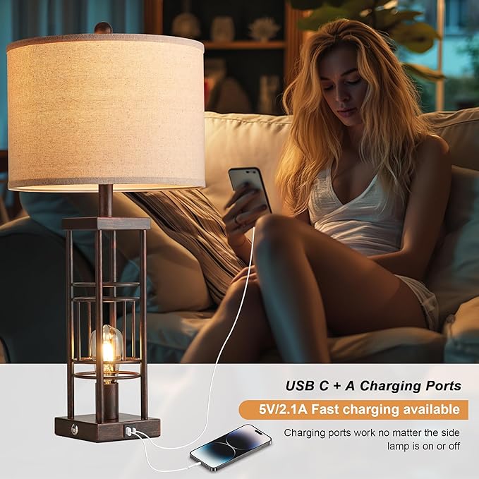 Reaketon Table Lamp for Living Room Set of 2 with USB Charging Ports, 3-Way Dimmable 27.6" Farmhouse Lamps for Bedroom, Rustic Bedside Lamp, Industrial Nightstand Lamps, Bulbs Included