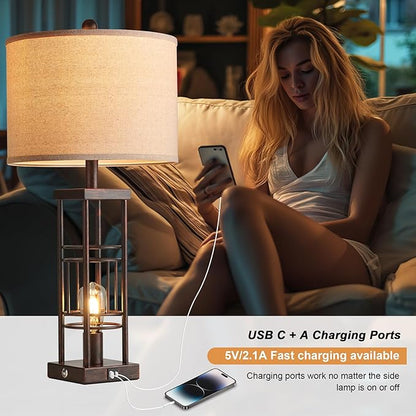 Reaketon Table Lamp for Living Room Set of 2 with USB Charging Ports, 3-Way Dimmable 27.6" Farmhouse Lamps for Bedroom, Rustic Bedside Lamp, Industrial Nightstand Lamps, Bulbs Included