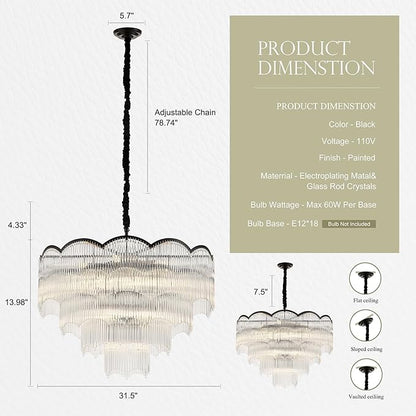 31.5" Black Clear Glass Crystal Chandelier 18-Light Modern Crystal Pendant Ceiling Light Fixture 4-Tier Luxury Glass Chandeliers,for Dining Room Kitchen Island Living Room Bedroom