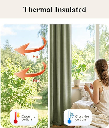 StangH Sage Green Curtains for Living Room Soft Velvet Back Tab Nursery Bedroom Window Panels 96 inches Long Room Darkening Thermal Insulated Drapes, W42 x L96, 2 Panels