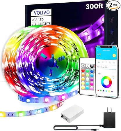 VOLIVO 300ft Led Strip Lights for Bedroom, Color Changing Led Light Strips Kit with 24 Keys IR Remote and Smart App Control, RGB Music Sync Lighting for Room, Home Decor