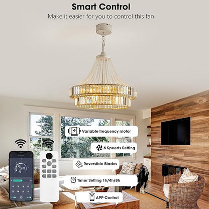 24“ Crystal Ceiling Fan with Lights, Modern Caged Fandelier with Remote & App Control, 6-Speed Reversible DC Motor, 8-Lights Chandelier Fan Double Layer for Bedroom, Living Room (White Gold)