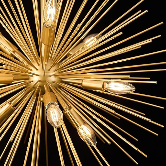 35in Gold Sputnik Chandelier 12-Light Starburst Chandelier Light Fixture Solid Metal Mid-Century Modern Satellite Light Fixture for High Ceiling Living Room Dining Room Foyer, E12