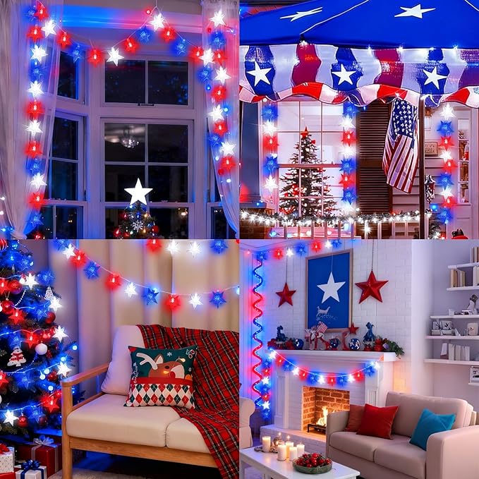 LAMPHOME Red White Blue Star LED String Lights, 20 LED Star Fairy Lights with Clear Wire, 3AA Waterproof 8 Modes, Decorative Lights for 4th of July Patriotic Christmas Easter Tree Party