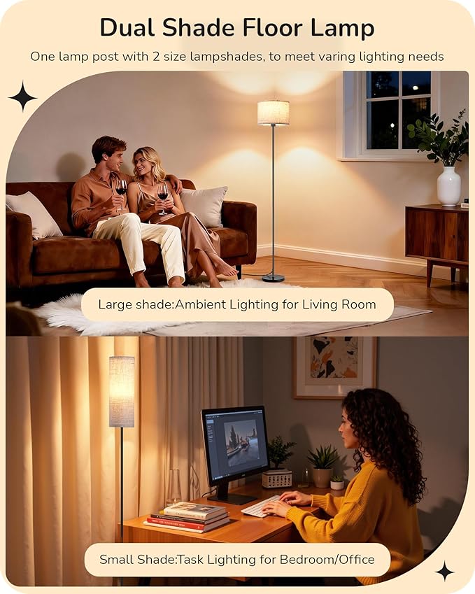 EDISHINE Floor Lamps with 2 Lampshades, 63.7" Modern Standing Lamp with Foot Switch and Remote Control, Stepless Dimmable Minimalist Lamps for Bedroom, Office, (9W LED Bulb Included), Black