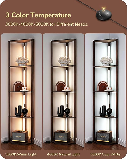 EDISHINE Dimmable LED Floor Lamp with Shelves, Corner Floor Lamps for Living Room, Corner Shelf with LED Light, 3CCT, Modern Standing Lamp, Floor Lamp for Bedroom, Office, Walnut