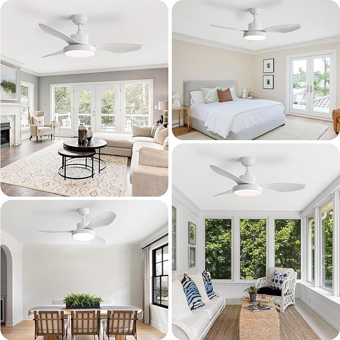 48 Inch Ceiling Fan with Lights Flush Mount Modern Energy-Efficient Outdoor Ceiling Fans with Remote,3 CCT Dimmable Quiet DC Motor & Timer for Patio/Bedroom/Farmhouse (White, 48 Inch/Smart Control)