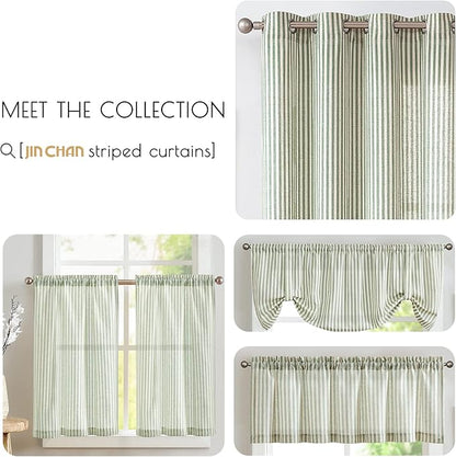 jinchan Tie Top Linen Kitchen Curtains 36 Inches Striped Tier Curtains Farmhouse Modern Cafe Style Small Window Treatments Airy Light Filtering Rod Pocket for Living Room Bathroom 2 Panels Sage Green