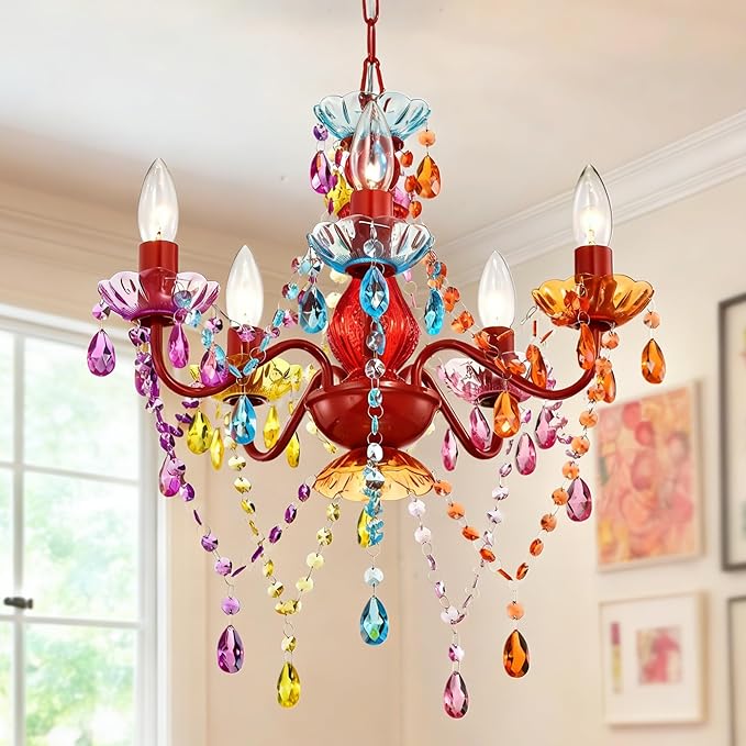 Colorful Chandelier for Bedroom Small 5-Light Acrylic Crystal Ceiling Light Fixture for Girls Bedroom, Pink Nursery Chandelier Lighting for Closet, Bathroom, Playroom, Entryway