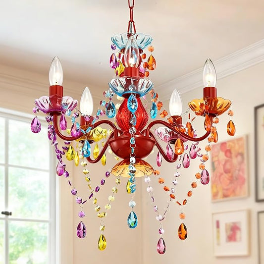 Colorful Chandelier for Bedroom Small 5-Light Acrylic Crystal Ceiling Light Fixture for Girls Bedroom, Pink Nursery Chandelier Lighting for Closet, Bathroom, Playroom, Entryway