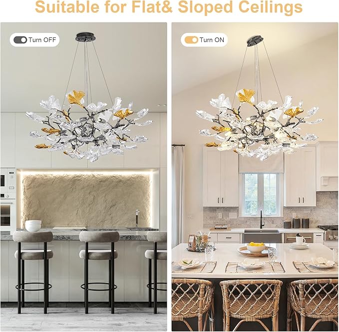 AioTio Black Modern Chandeliers for Dining Room, D31.5''Tree Branch Round Glass Ginkgo Leaf Farmhouse Chandelier,Large Ceiling Hanging Vintage Chandelier for Living Room,Entryway,Kitchen Island,Foyer