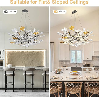 AioTio Black Modern Chandeliers for Dining Room, D31.5''Tree Branch Round Glass Ginkgo Leaf Farmhouse Chandelier,Large Ceiling Hanging Vintage Chandelier for Living Room,Entryway,Kitchen Island,Foyer