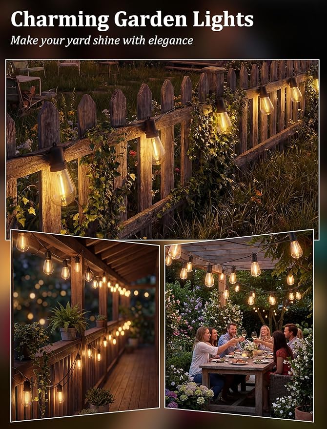 S14 Patio String Lights, 30FT Outdoor Patio String Light with 11 Clear LED Bulbs (1 Spare), UL Certified Waterproof Hanging Lights for Outdoor & Indoor - Commercial Grade Black Wire