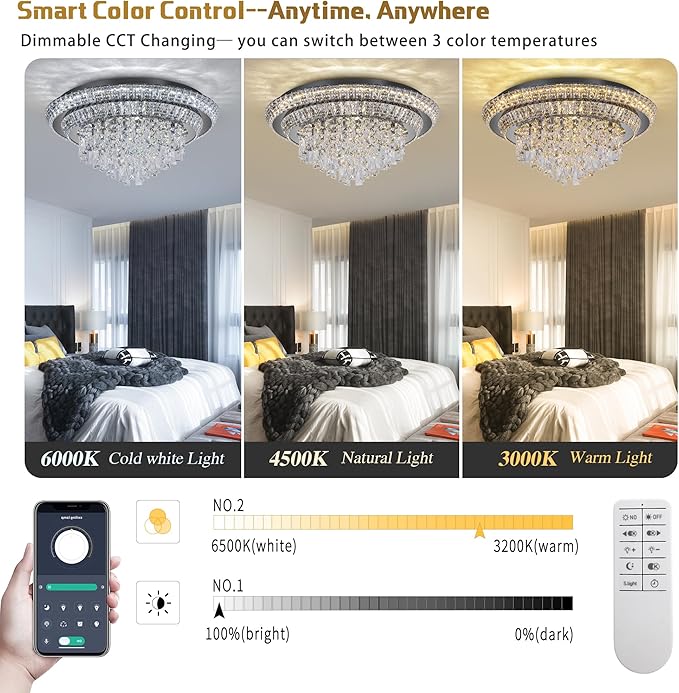 24 inch Crystal Flush Mount Black Chandelier, Modern Raindrop LED Ceiling Light, 3CCT Dimmable & Brightness Adjustable,Remote/APP ,Elegant Chandeliers for Bedroom Hallway Dinning Room Living Room