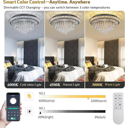 24 inch Crystal Flush Mount Black Chandelier, Modern Raindrop LED Ceiling Light, 3CCT Dimmable & Brightness Adjustable,Remote/APP ,Elegant Chandeliers for Bedroom Hallway Dinning Room Living Room