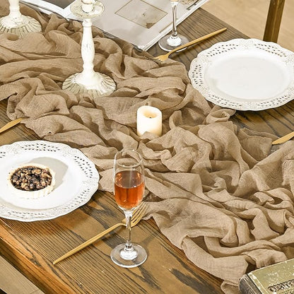 Artoid Mode Boho Cheesecloth Gauze Sand Wedding Table Runner, 120 Inch Seasonal Fabric Kitchen Dining Holiday Table Decor for Home Party Indoor