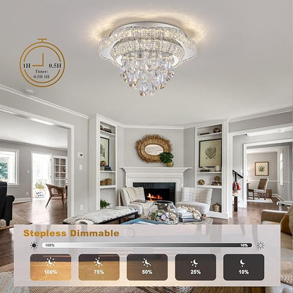 Silver 18" Modern Flush Mount Chandelier for Bedroom, LED Crystal Ceiling Light Over Table,Elegant Dining Room Lighting Fixture with Remote Control, 3CCT Dimmable