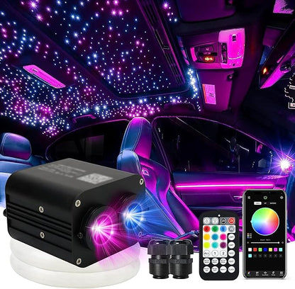 AMKI Dual Color 20W Twinkle Starlight Headliner Kit 800pcs 0.03in 13.1ft Fiber Optic Star Ceiling Light Sound Activated Music Mode APP/Remote Control Dual Port Light Box for Car Home Roof Decor