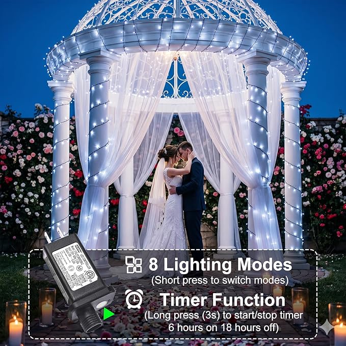 2 Pack Christmas Lights Outdoor, Total 200FT 600LED String Lights for Outside with 8 Modes Waterproof, Green Wire Fairy Twinkle Lights for Indoor House Patio Yard Party Holiday Decorations, White